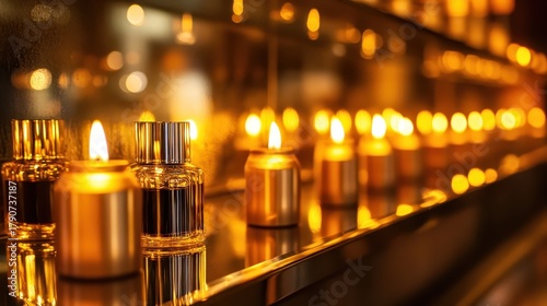 Elegant Perfume Bottle Displayed on a Shelf with Candles