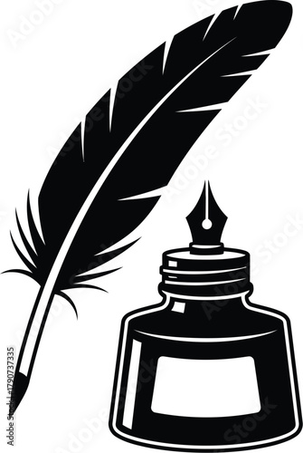 A quill pen rests beside an inkwell, symbolizing writing and literature.
