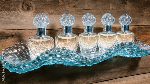 Elegant perfumes displayed on a beautiful recycled glass shelf