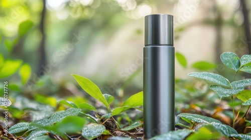 Elegant Silver Perfume Bottle in a Natural Green Environment