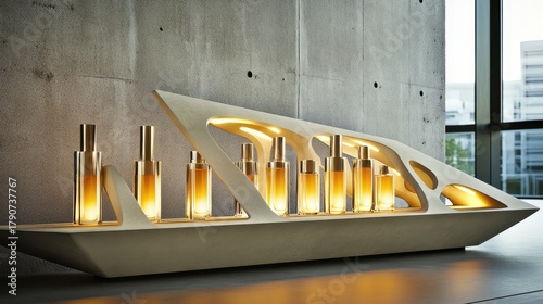 Elegant perfume bottles displayed on a geometric shelf