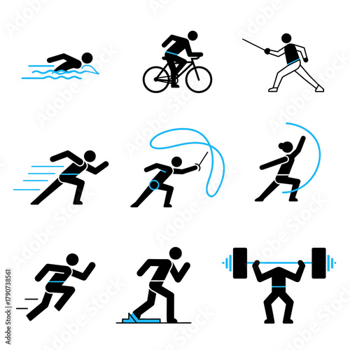 A versatile collection of minimalist stick figure icons depicting various athletic activities and competitive sports, including swimming, cycling, and weightlifting.