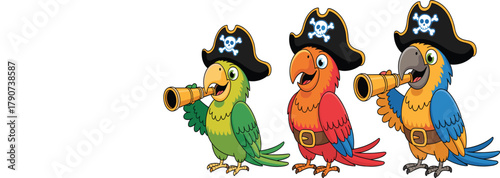 Cartoon Pirate Parrot Vector Character Set, Different Color Macaw Birds with Spyglass, Pirate Hat, and Belt