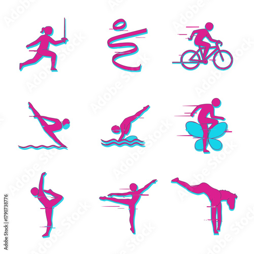 A vibrant collection of stylized sports and fitness icons, rendered in a modern glitch art aesthetic with dynamic pink and cyan hues, perfect for digital design projects.