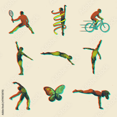 A captivating collection of textured, retro-style illustrations depicting diverse human physical activities, including sports, dance, and exercise, with a unique chromatic effect.