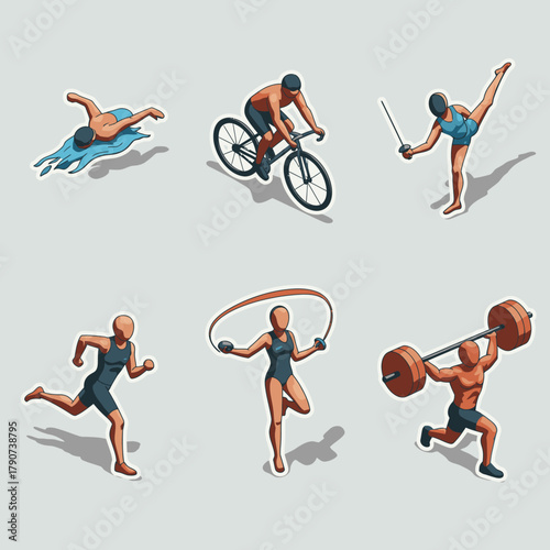 Isometric vector illustrations showcase athletes engaged in diverse sports and fitness activities, promoting an active and healthy lifestyle visually.
