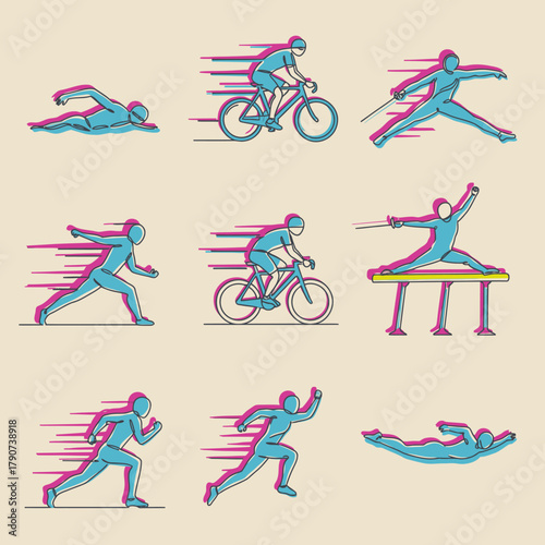 A vibrant collection of stylized illustrations showcasing various dynamic athletic activities and sports figures in motion, perfect for active lifestyle themes.