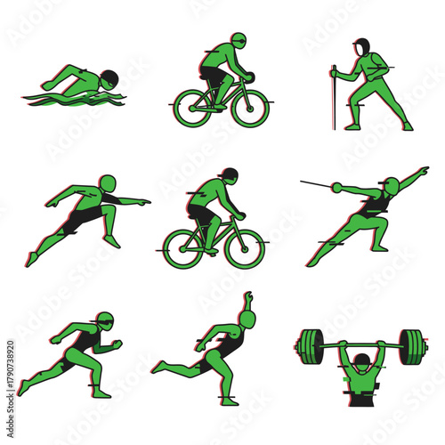 Illustrations of stylized green athletes performing diverse sports and fitness activities, including swimming, cycling, and weightlifting, with a modern glitch effect.