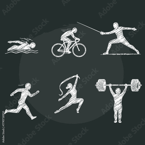 A dynamic collection of hand-drawn chalk illustrations depicting various athletic activities and competitive sports figures, perfect for design projects.