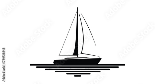 A sailboat glides across calm water, its silhouette stark against the white background.