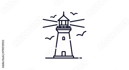 A simple line drawing of a lighthouse with birds flying around it on a white background.