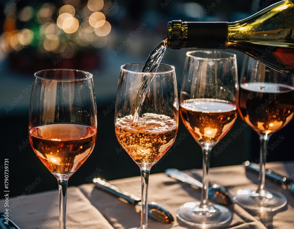 Naklejka premium Pouring Sparkling Rosé Wine Into Glasses at Sunset Gathering