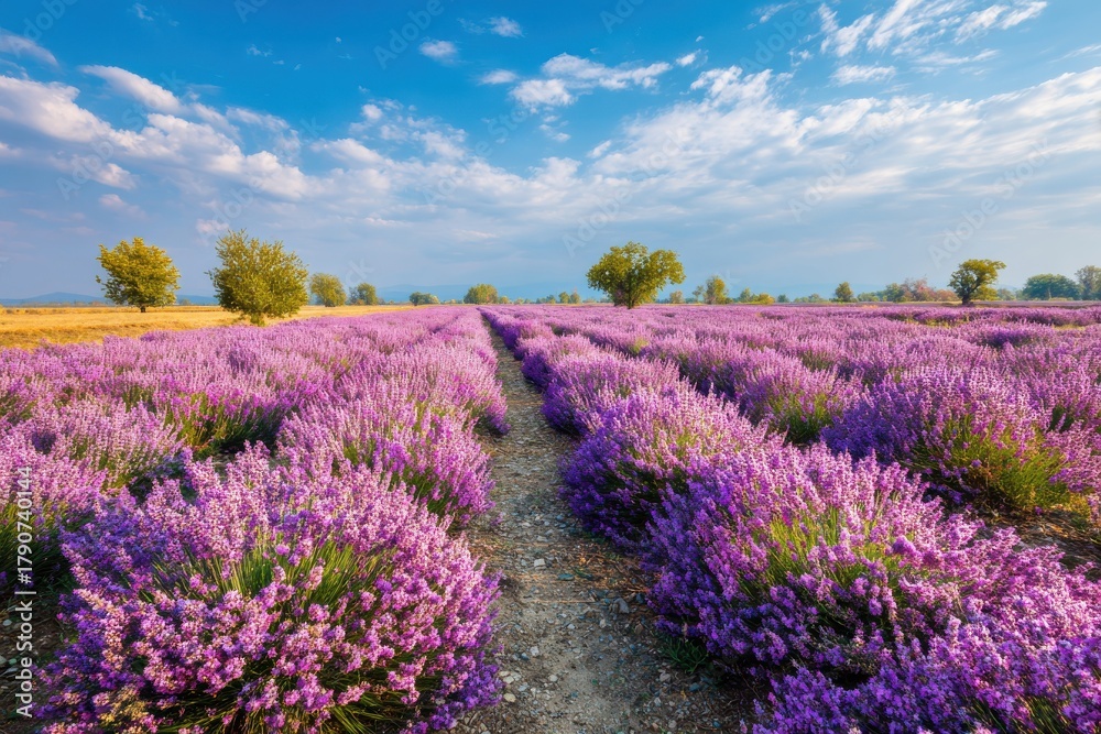 Obraz premium Serene lavender field landscape with vibrant green pathways and a tranquil sky, evoking calmness and beauty in nature photography for relaxation and wellness enthusiasts