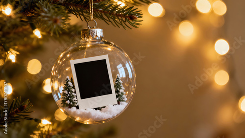 Clear glass Christmas ornament mockup with tiny polaroid frame and miniature snowy scene inside