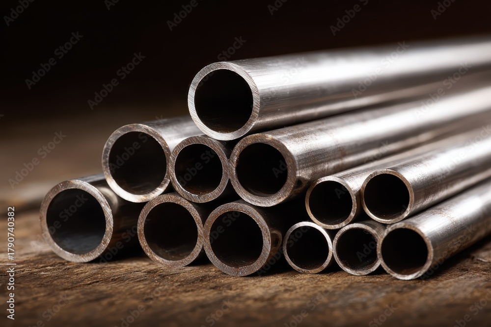 Fototapeta premium Metallic pipes stacked on wooden surface showcasing varying diameters, with shiny texture, warm industrial ambiance, and dramatic lighting emphasizing curves and details