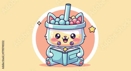 Cartoon cat character enjoying drink and reading a book illustration