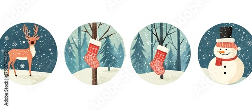 Christmas set with snowman, reindeer and stocking isolated white