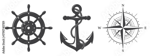 Steering wheel, wind rose and anchor. Ship's wheel or helm.  Nautical wind rose. Vintage maritime symbols.