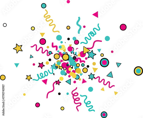 Colorful abstract confetti and streamers explosion on white