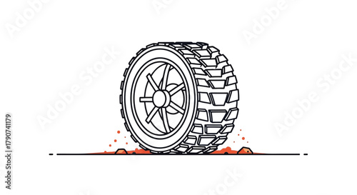 A detailed illustration of a tire with a rugged tread pattern rolling over orange dirt.