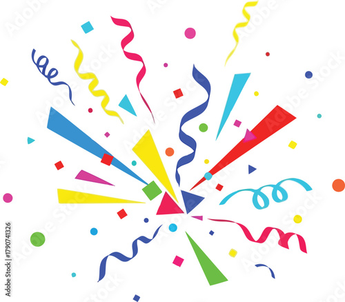 Colorful Confetti and Streamers Bursting on White Background