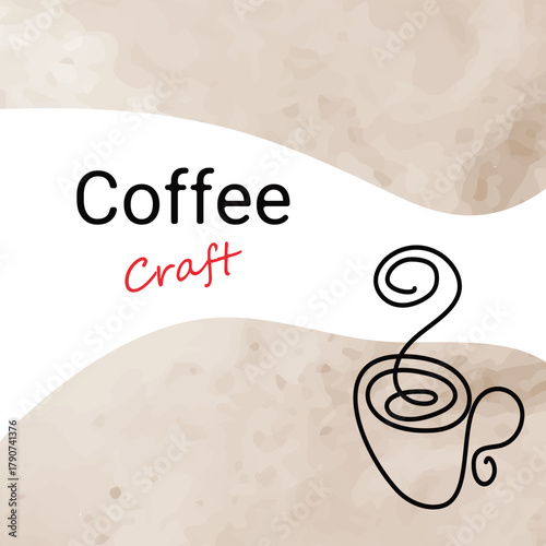 Coffee craft Lettering with stylized outline hand drawn cup with steam Minimal Flat design Copy space Template. Isolated Vector illustration Motivation or Coffee Themed Cards Banners, leaflets, labels