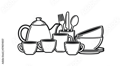 A collection of teacups, a teapot, and cutlery are arranged for a tea service.