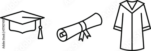 Graduation simple line icon set. Vector pictograms of graduation cap, diploma scroll, thin linear illustration.