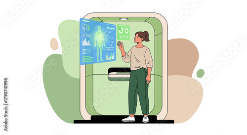 Woman interacting with a futuristic health scanner analyzing body data and vital signs with