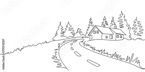 a countryside house surrounded by trees with a road leading toward it, showing a peaceful rural landscape.