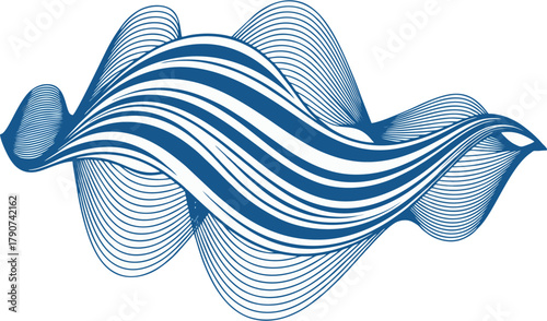 Abstract blue lines create a flowing, wave-like pattern on a white background.