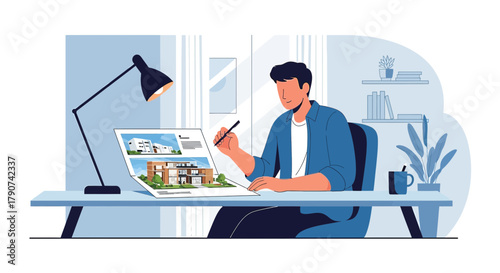 Young architect reviewing building plans at his desk for housing project illustration