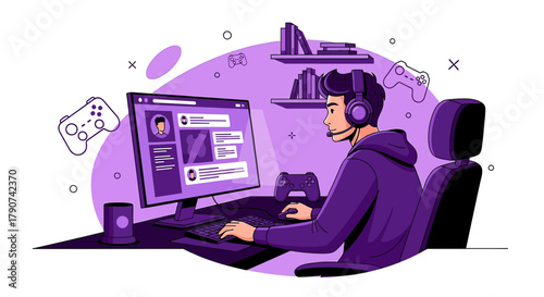 Young gamer playing online games with headset in purple tones, using computer and having fun