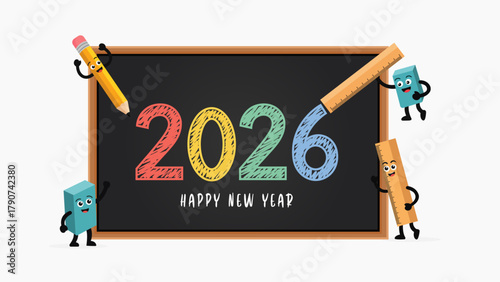 Happy New Year 2026 education banner; a playful cartoon design with 2026 on a blackboard, a graduation cap, and school supplies for the Class of 2026