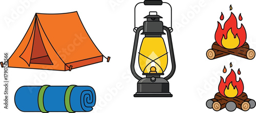 Camping equipment including a tent, sleeping mat, lantern, and campfire is displayed.