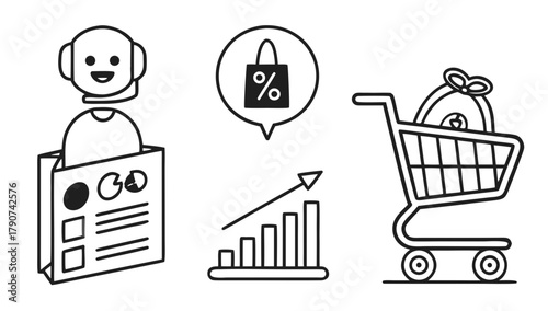 AI Chatbot E-commerce and Sales Growth Vector Icons, line-art icons representing AI chatbot customer service, e-commerce, sales growth, and a shopping cart with goods