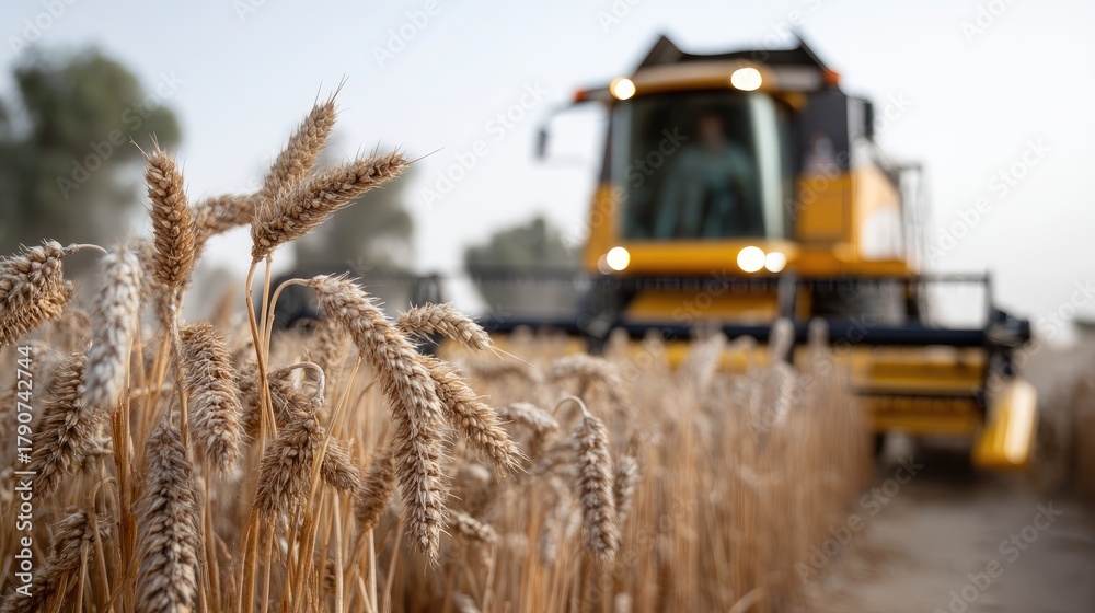 Fototapeta premium A harvesting machine collects wheat from a field while golden crops sway gently in the breeze