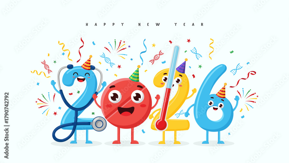 Fototapeta premium Happy New Year 2026 medical and healthcare banner; a playful cartoon design with 2026 as a stethoscope, pill, and syringe celebrating a healthy new year.