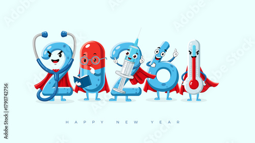 Cute Happy New Year 2026 medical banner; a playful cartoon design with 2026 as a medical superhero team of "healthcare heroes" for a hospital or clinic.