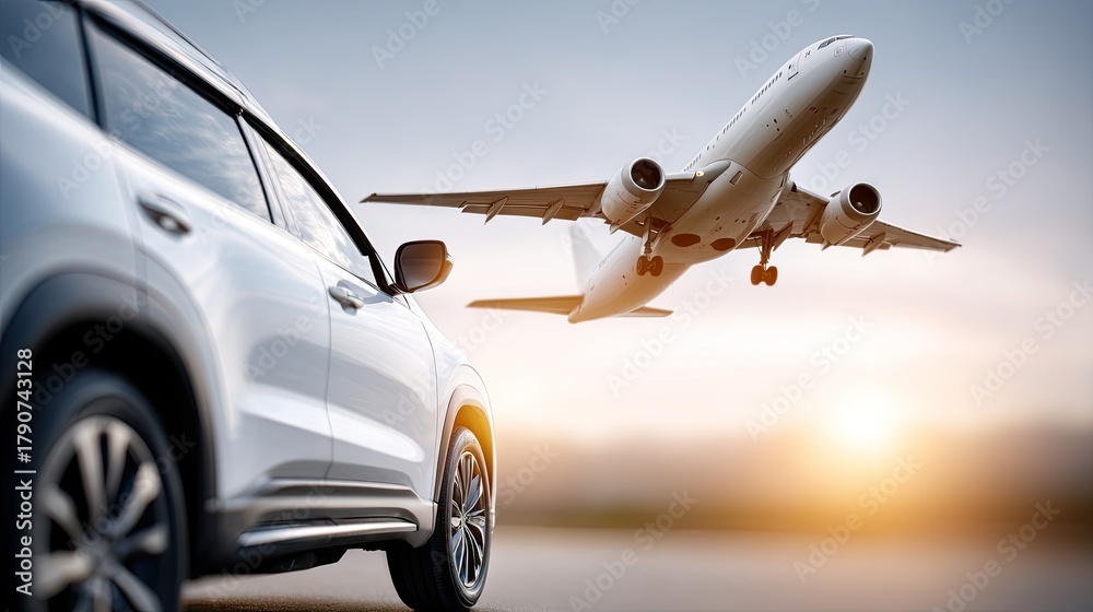 Fototapeta premium An airplane approaches for landing while a car drives on the highway below on a bright, sunny day