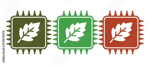 Three computer chips with leaves inside them in different colors.