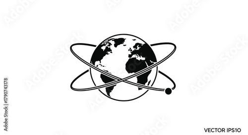 An atom orbits around the planet Earth, symbolizing science and global connectivity.