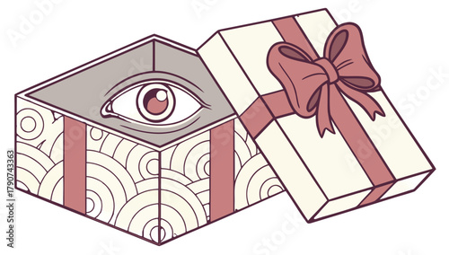 Mystery Gift Box with Eye Surprise Vector, Illustration of an open gift box with a curious eye peering out from inside, suggesting a mystery or surprise