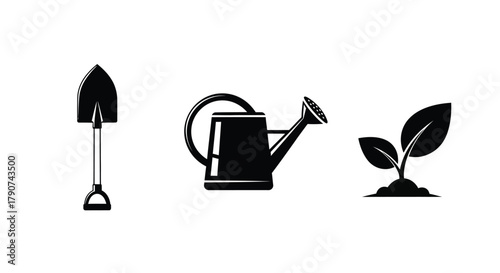 A shovel, watering can, and seedling represent gardening and growth on a white background.