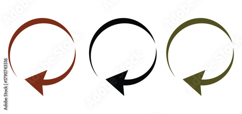 Three circular arrows in brown, black, and green on a white background.