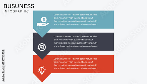 Modern Business Infographic Template with Three Color Sections and Flat Design Elements for Presentation and Marketing Strategy Visualization