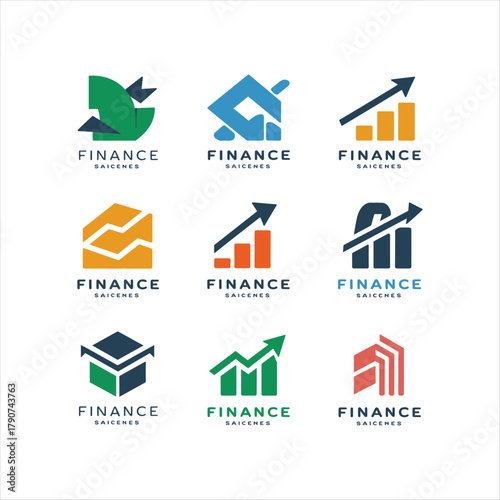 Modern finance logo collection with business growth, investment chart, and corporate branding concept.
