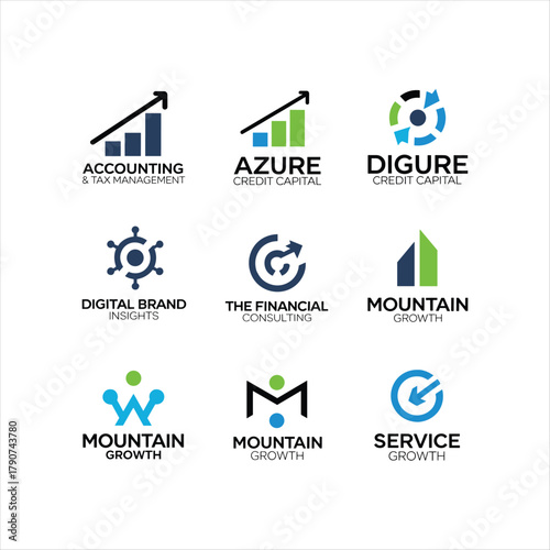 This high-quality vector logo set features a collection of modern finance, business, and corporate branding designs. Each logo includes clean shapes, growth charts, arrows, analytic symbols, and profe