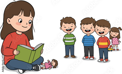 Teacher reading storybook to happy children, group of kids listening and smiling, preschool education and learning concept, flat vector illustration, cad drawing style