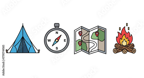 Camping icons for adventure and outdoor activities like hiking and exploration.
